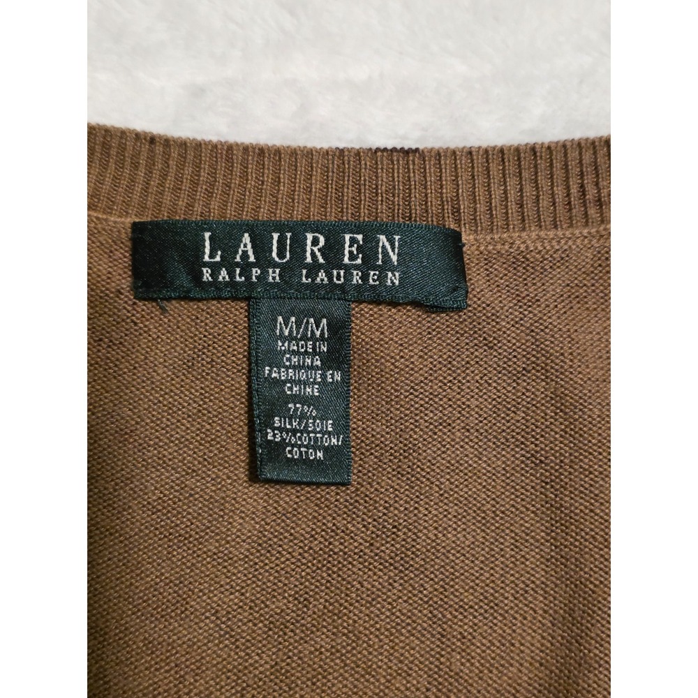Lauren Ralph Lauren Brown Paisley Silk Cotton Knit Button Cardigan Sweater M - Picture 3 of 5